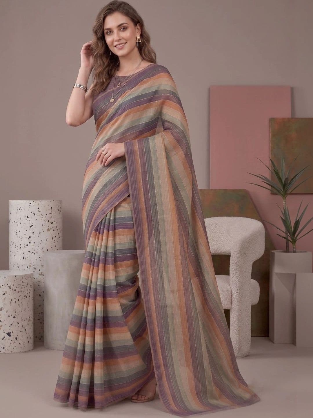 BORAD FASHION Striped Designer Chanderi Saree - view 1