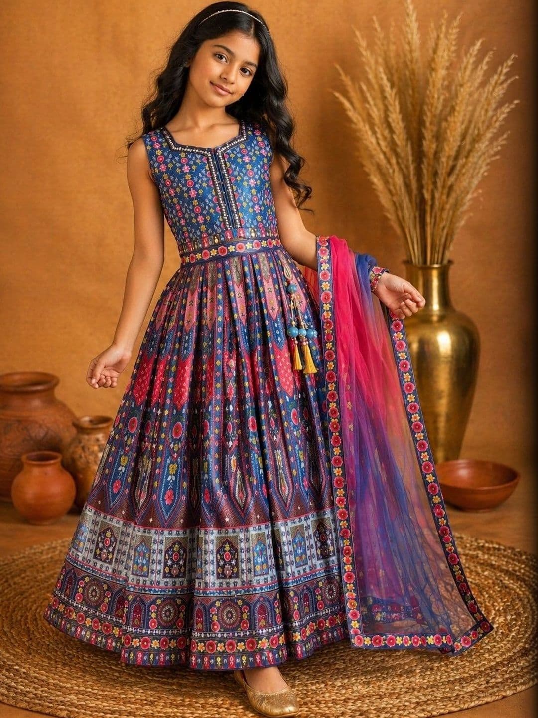 BAESD Girls Printed Mirror Work Ready to Wear Lehenga & Blouse - view 1