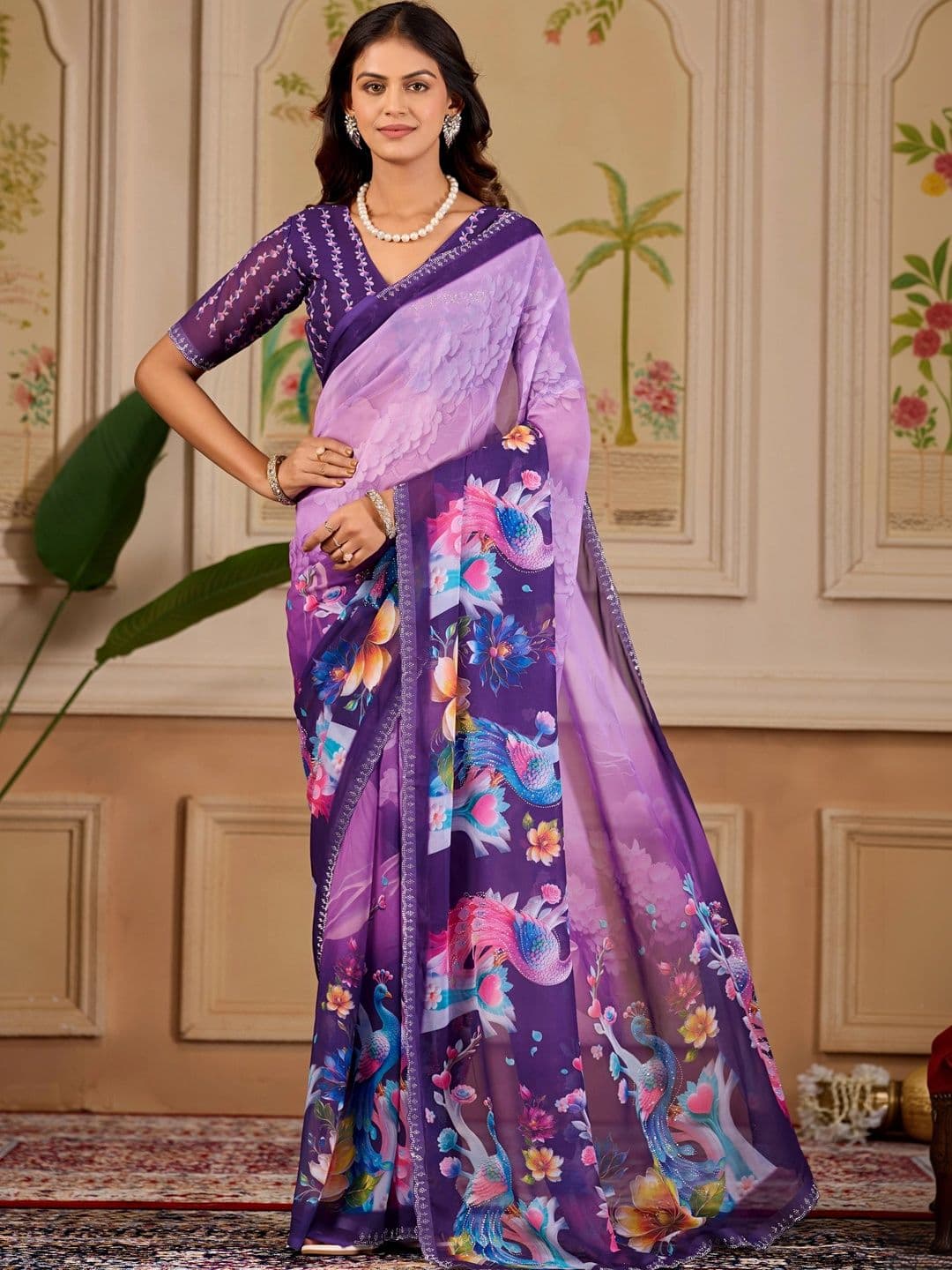 K 5 Fashion Floral Embroidered Pure Georgette Fusion Ikat Saree - view 1