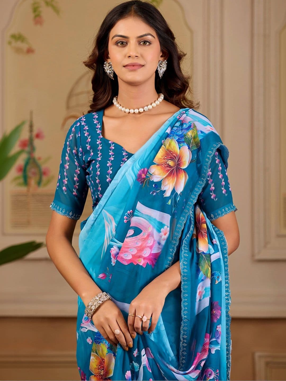 K 5 Fashion Ethnic Motifs Embroidered Pure Georgette Fusion Ikat Saree thumbnail 6