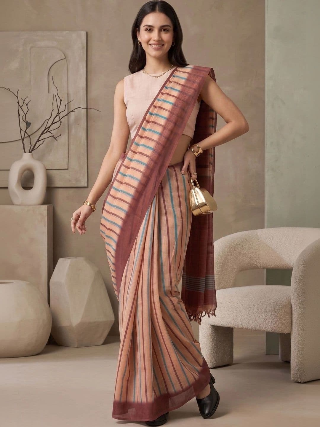 BORAD FASHION Striped Designer Chanderi Saree thumbnail 2
