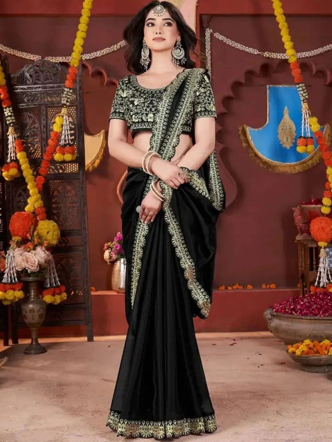 KALINI Floral Embroidered Silk Blend Heavy Work Saree - view 1
