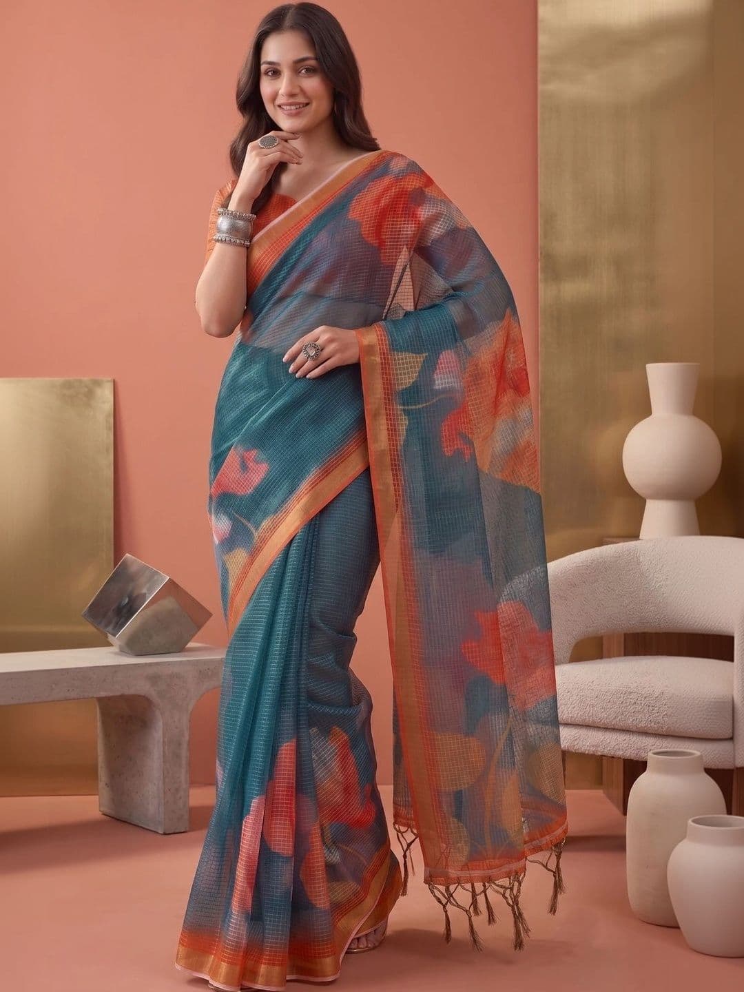 BORAD FASHION Floral Designer Chanderi Saree - view 1