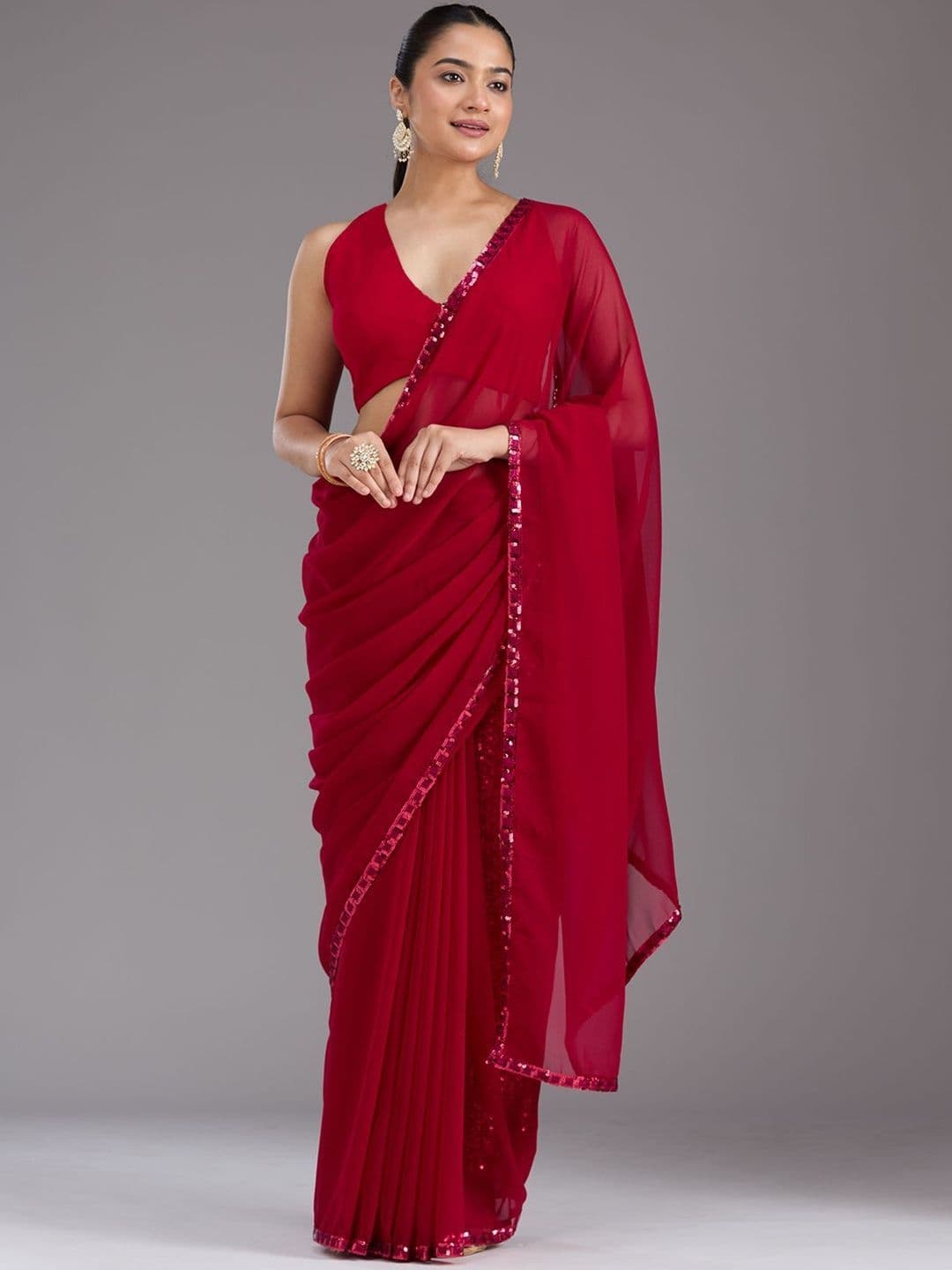 Koskii Women Sequins Maroon Georgette Saree With Unstitched Blouse thumbnail 2