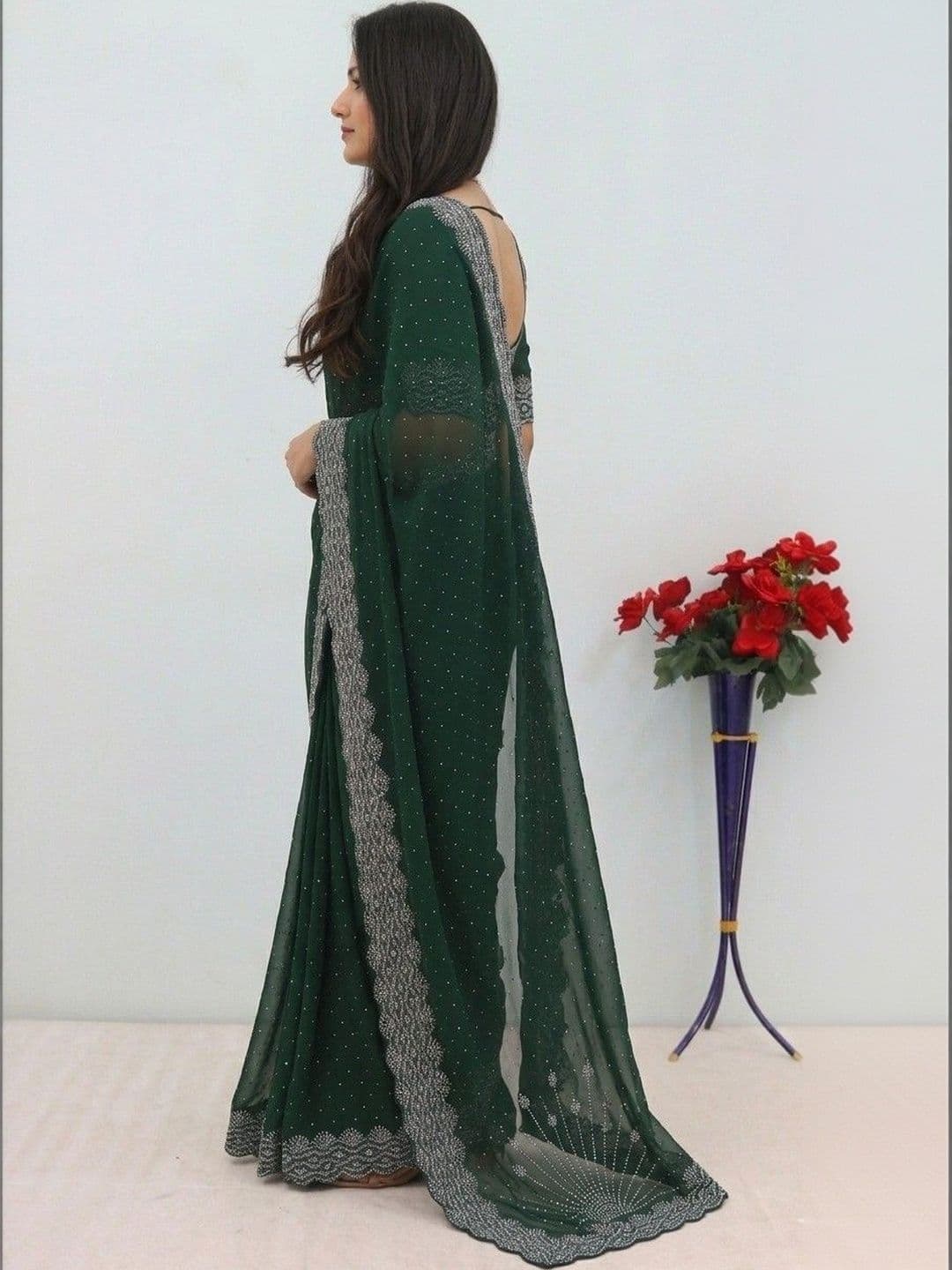 SmileyFashion Embellished Pure Georgette Designer Saree thumbnail 5