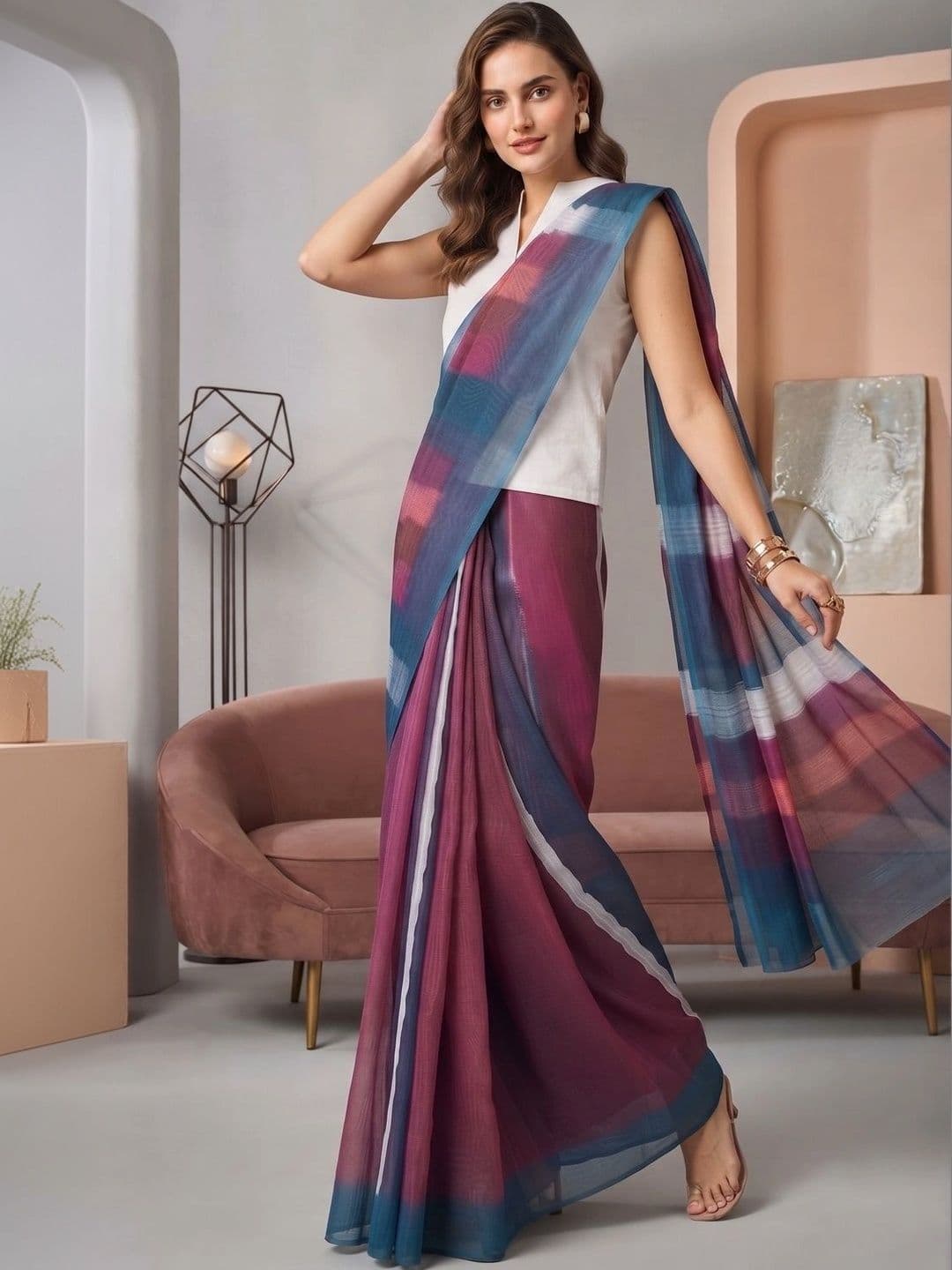 BORAD FASHION Striped Designer Chanderi Saree thumbnail 4