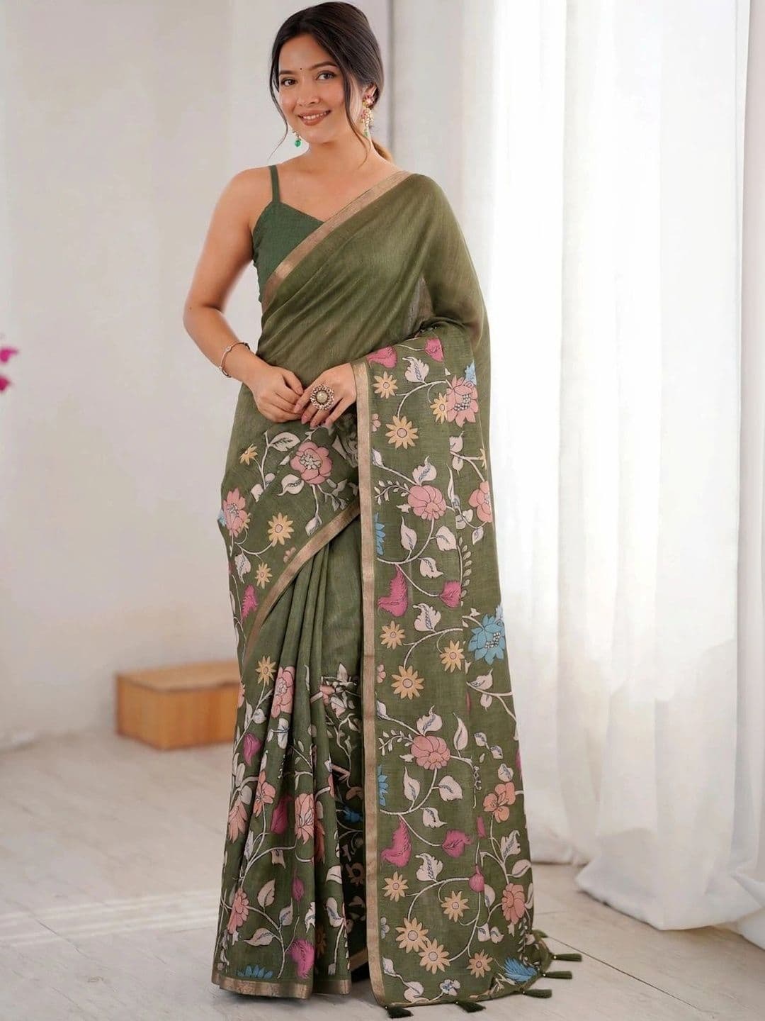 SAMANTHA Floral Zari Linen Blend Fusion Khadi Saree thumbnail 5