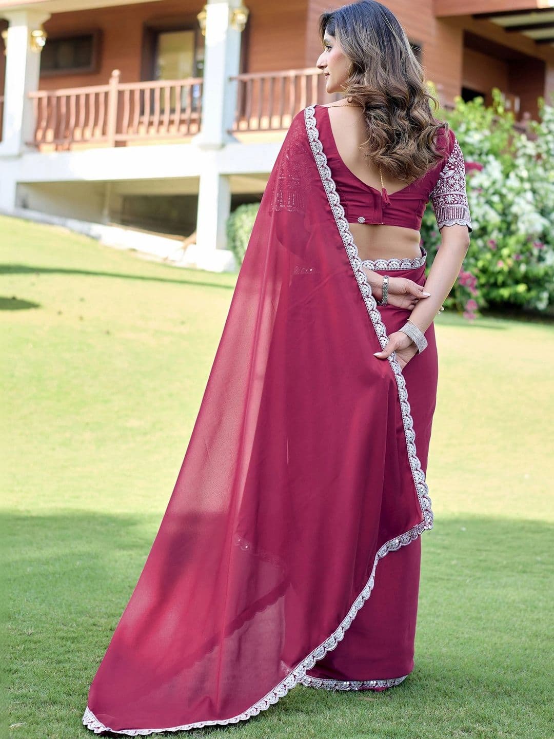 K 5 Fashion Ethnic Motifs Embroidered Pure Georgette Fusion Ikat Saree thumbnail 4