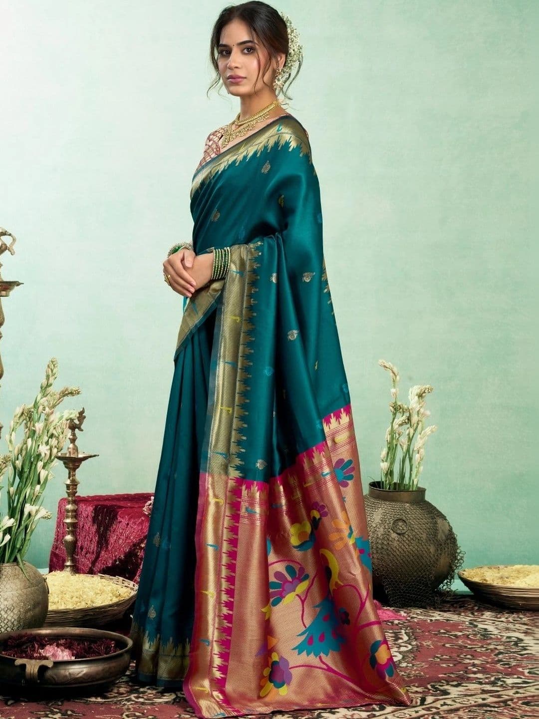 BORAD FASHION  Women Woven Design Zari Silk Blend Designer Paithani Saree thumbnail 5