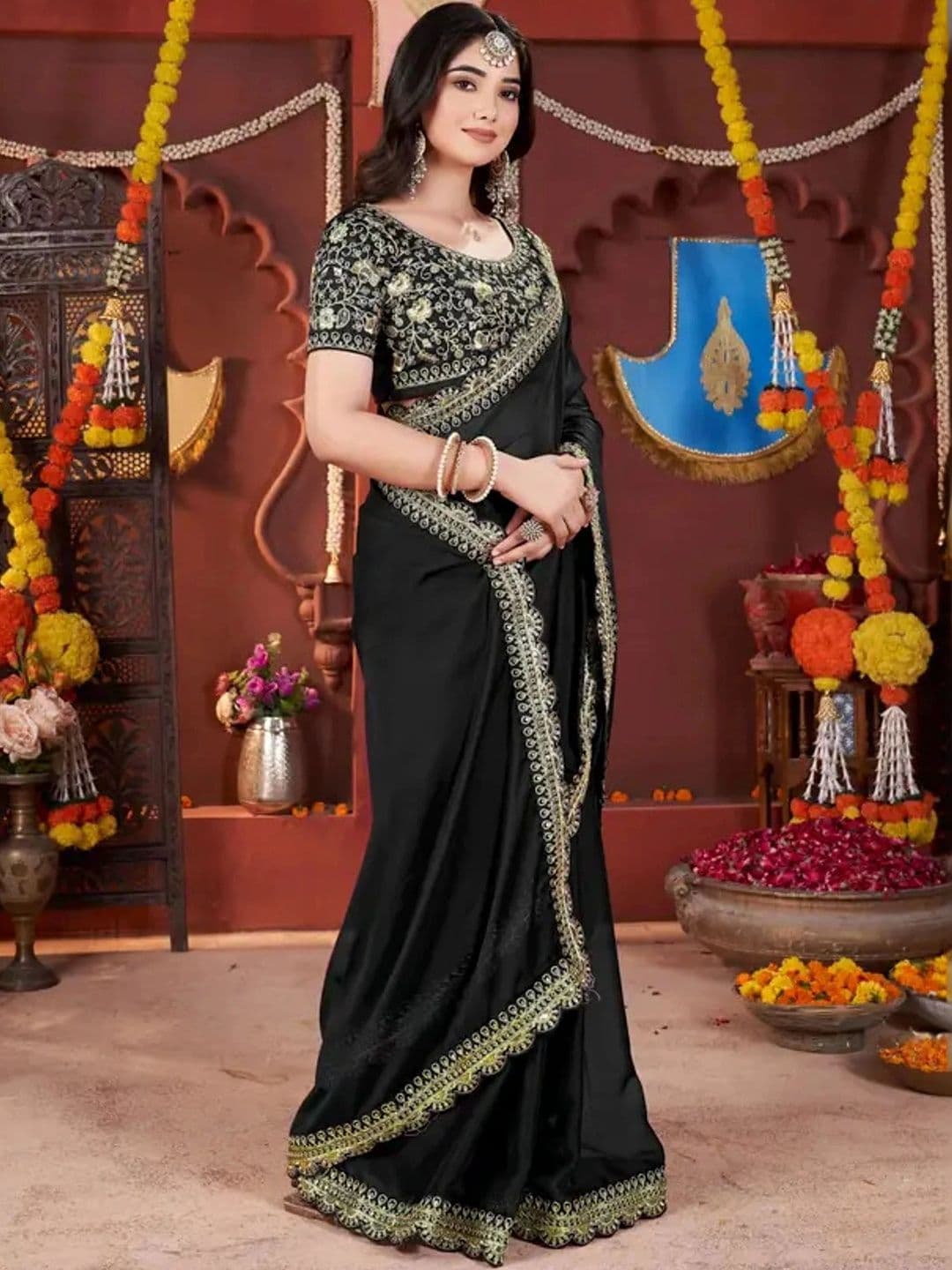 KALINI Floral Embroidered Silk Blend Heavy Work Saree thumbnail 4