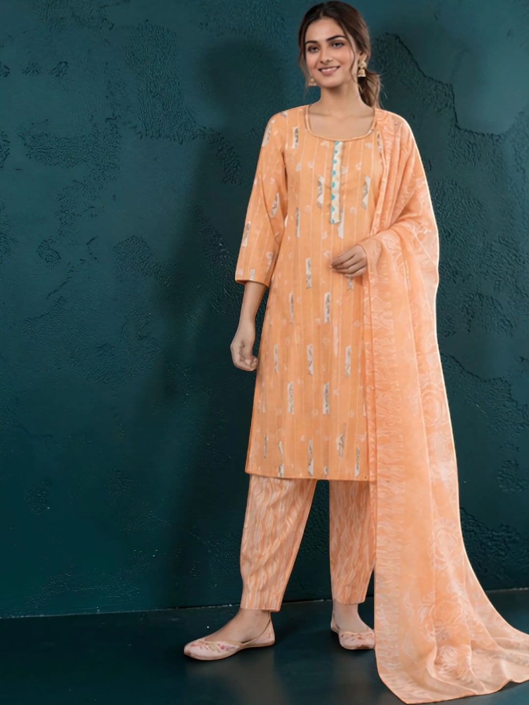 EELIKA Women Ethnic Motifs Printed Regular Pure Cotton Kurta with Patiala & With Dupatta - view 1
