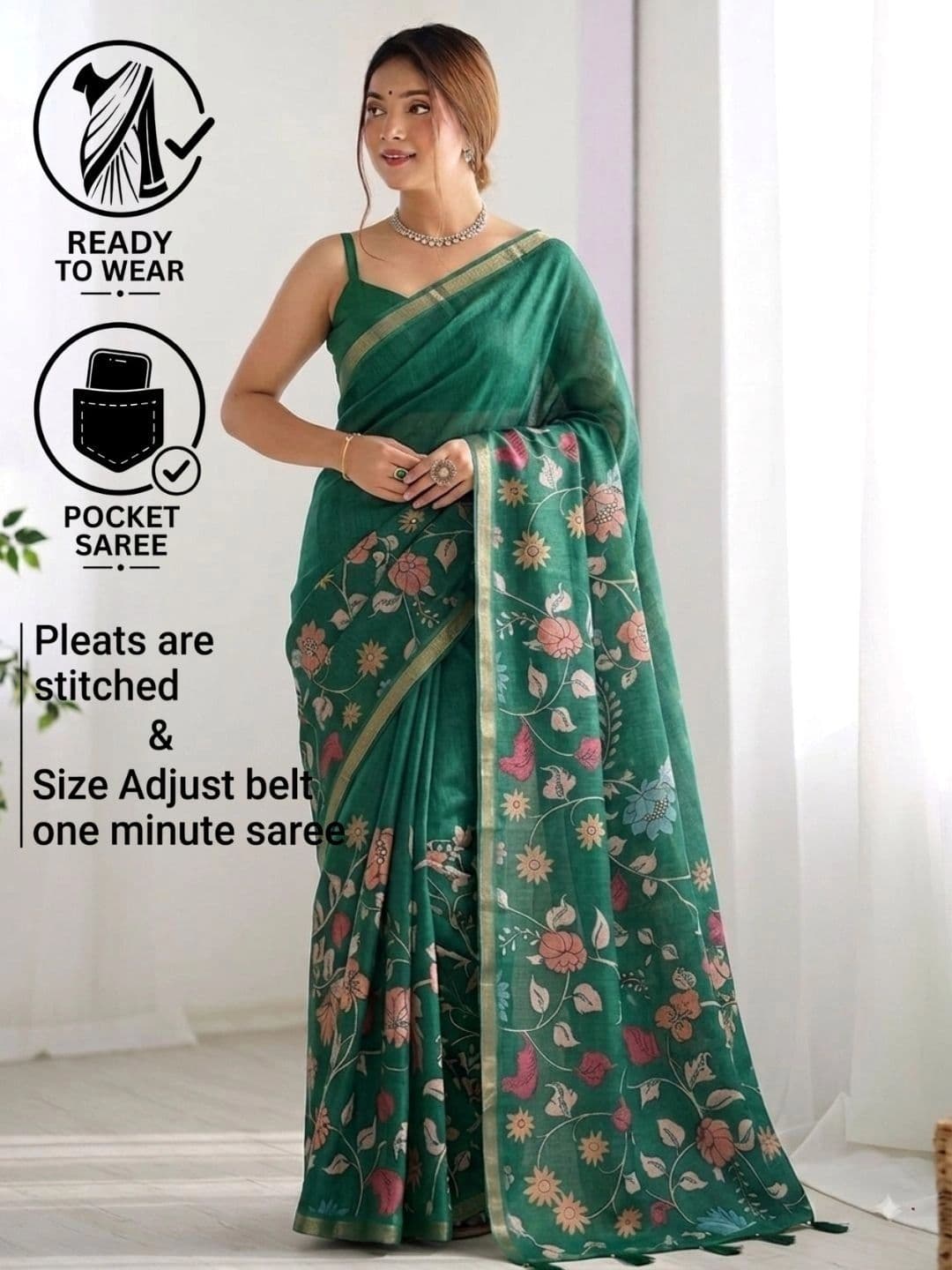 SAMANTHA Floral Zari Linen Blend Fusion Khadi Saree thumbnail 4