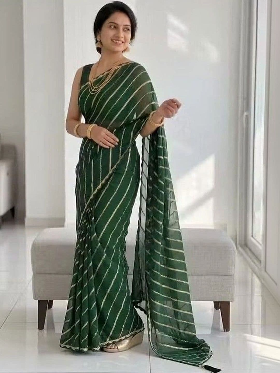 RENBRIZA Striped Zari Poly Georgette Leheriya Saree thumbnail 4