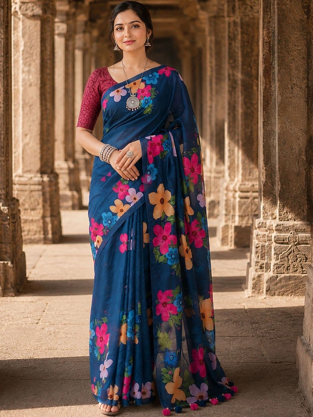 Mitera Floral Linen Blend Designer Block Print Saree - view 1
