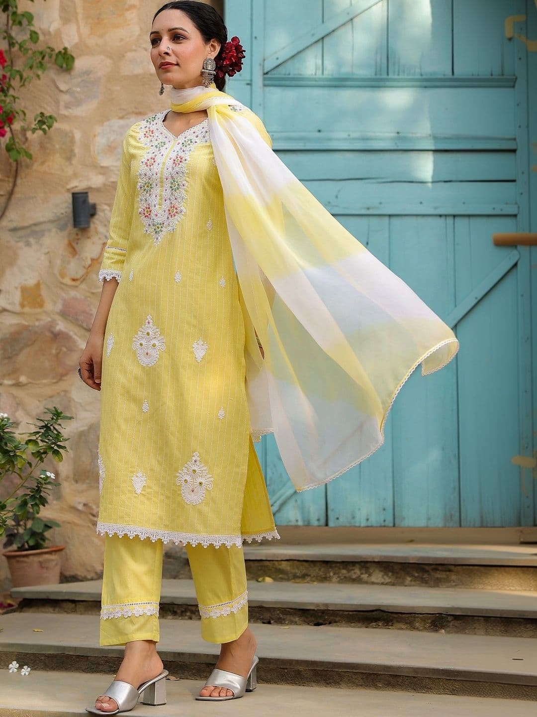 Stylet Women Printed Regular Thread Work Pure Cotton Kurta with Trousers & With Dupatta thumbnail 6