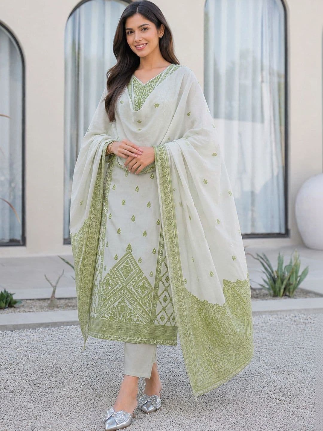 evadesignerstudio Women Ethnic Embroidered Pure Cotton Kurta with Trousers & With - view 1
