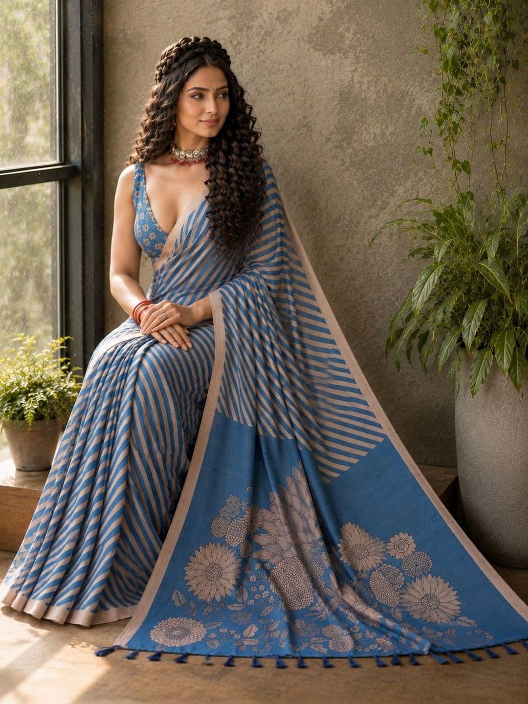 NIWAA Women Floral Silk Blend Leheriya Saree thumbnail 3