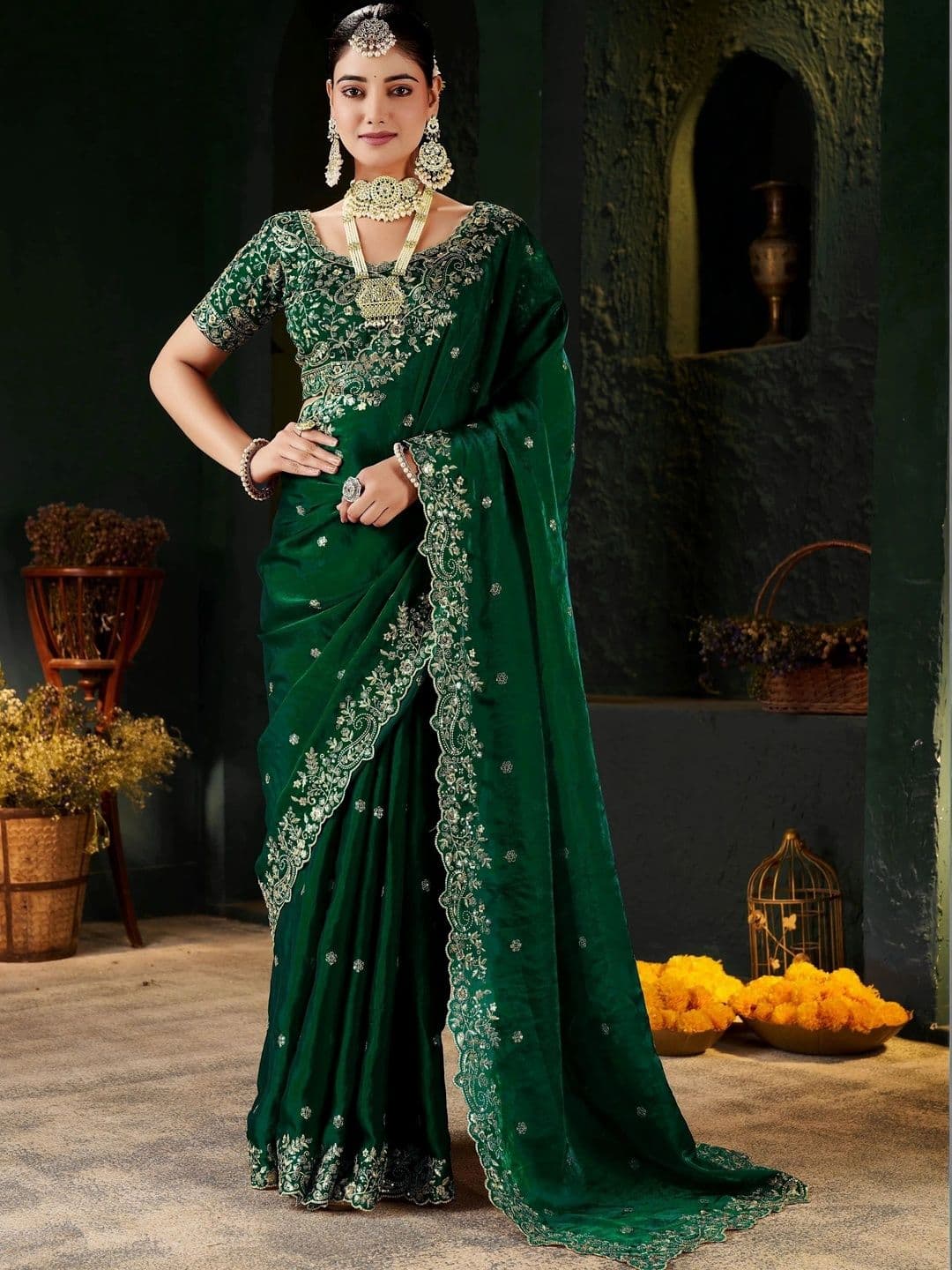 KALINI Floral Zari Silk Blend Heavy Work Saree - view 1