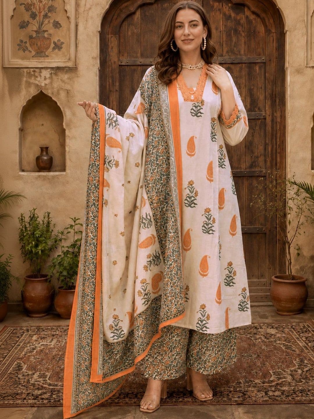 Sangria Women Ethnic Motifs Printed Regular Kurta with Palazzos & With Dupatta thumbnail 4