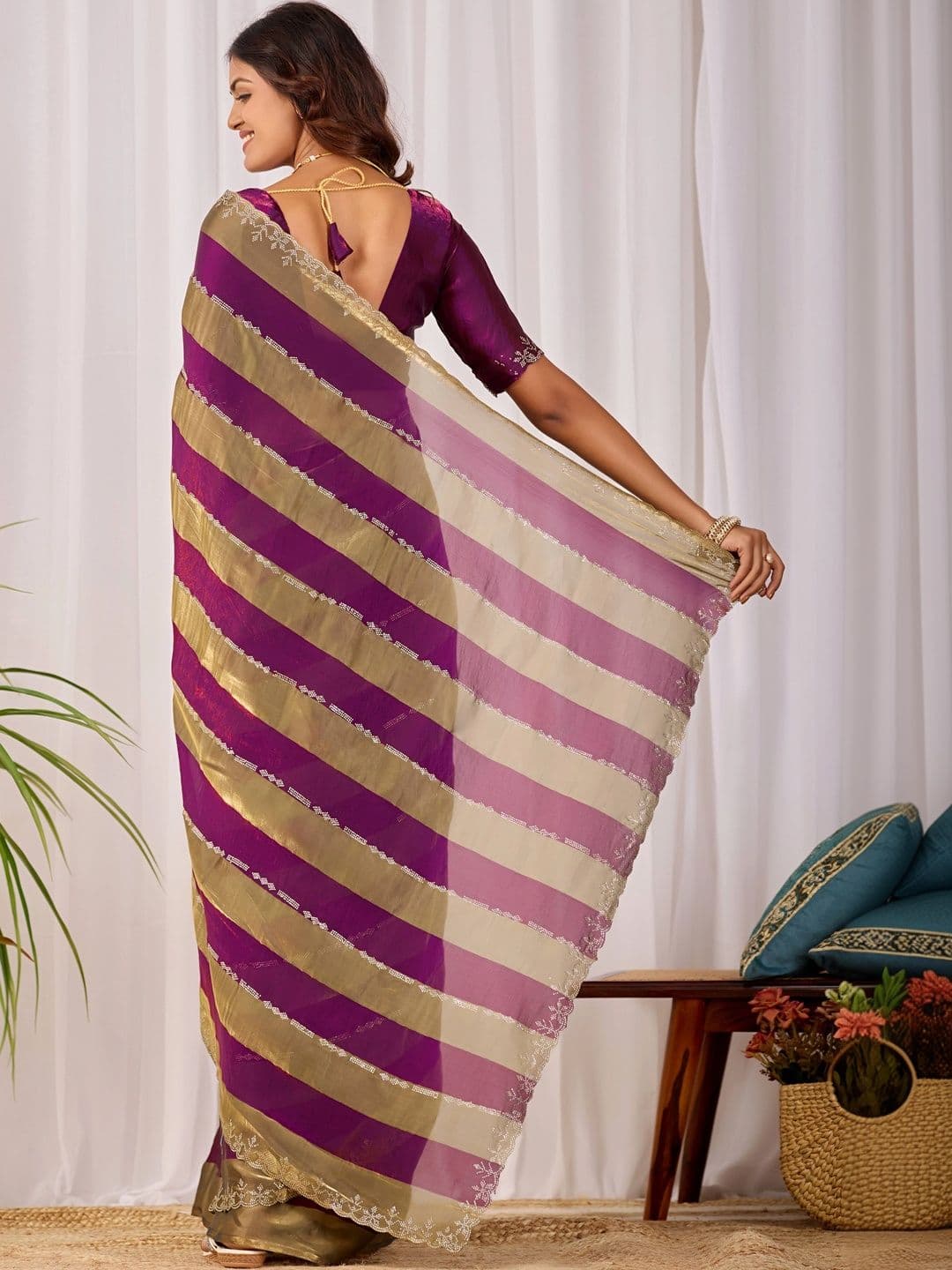 K 5 Fashion Striped Zari Satin Fusion Ikat Saree thumbnail 3
