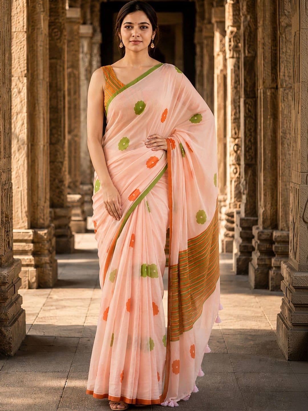 Mitera Floral Linen Blend Designer Block Print Saree thumbnail 3