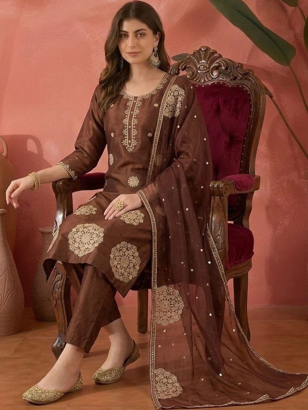Sangria Women Ethnic Motifs Embroidered Regular Thread Work Pure Silk Kurta with Trousers & With Dupatta thumbnail 5