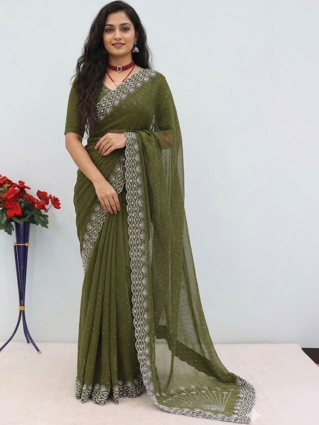 SmileyFashion Embellished Beads and Stones Pure Georgette Designer Saree - view 1