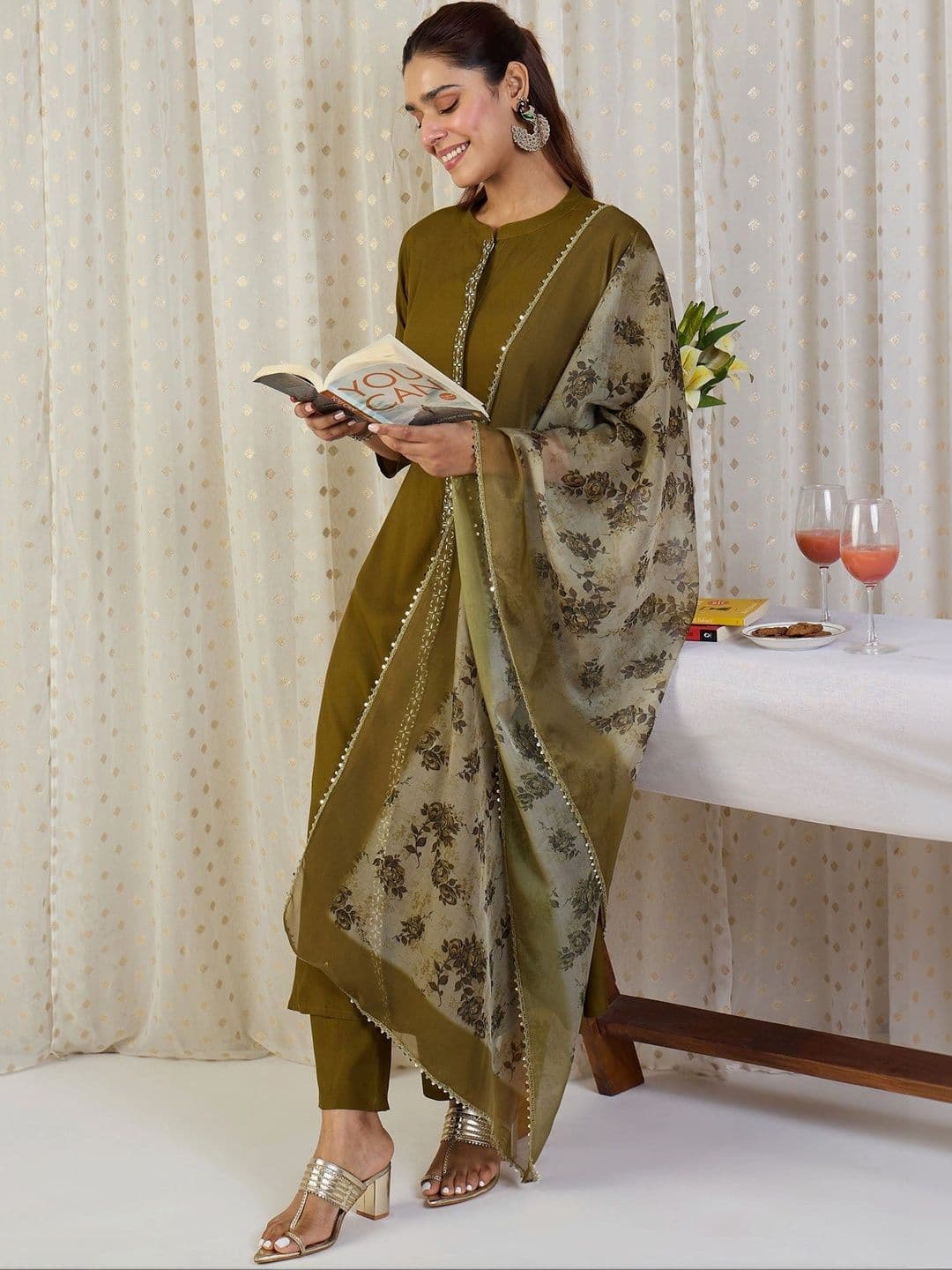 Anouk Women Ethnic Motifs Regular Thread Work Kurta with Trousers & With Dupatta thumbnail 2