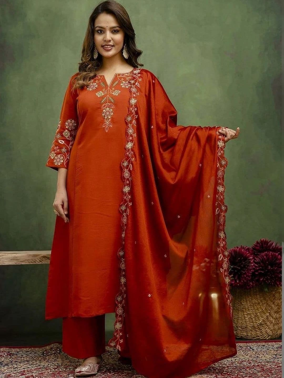 UDBHAV EXPORT Women Ethnic Motifs Embroidered Regular Thread Work Kurta with Palazzos & With Dupatta - view 1