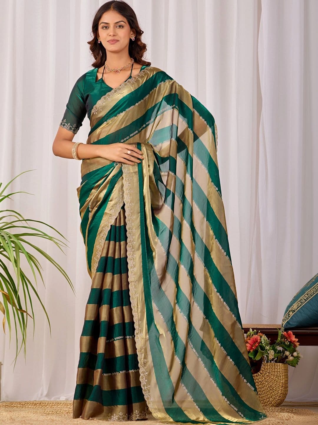 K 5 Fashion Ethnic Motifs Embroidered Satin Fusion Ikat Saree - view 1