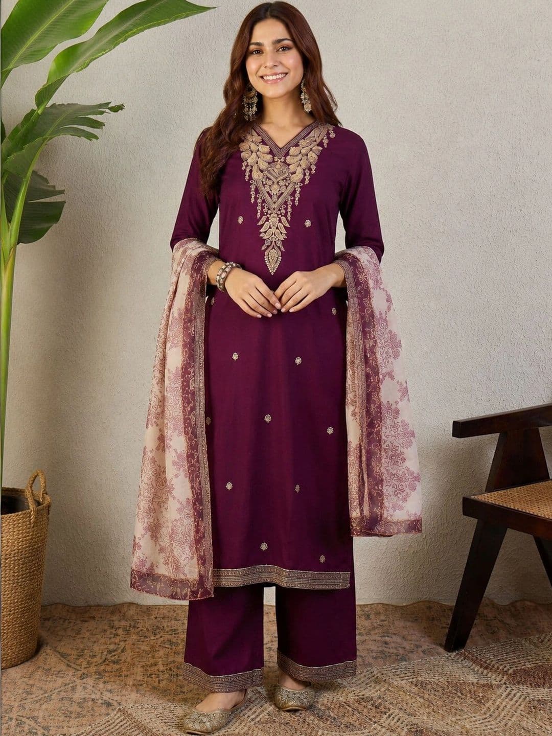 Anouk Women Ethnic Motifs Embroidered Regular Thread Work Kurta -Palazzos & With Dupatta - view 1