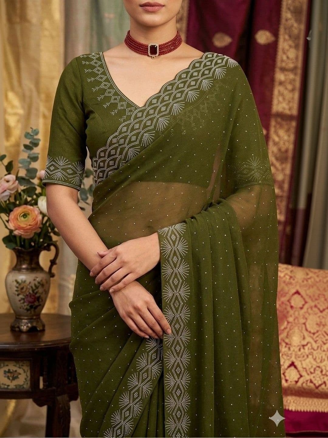 SmileyFashion Embellished Pure Georgette Designer Saree thumbnail 4