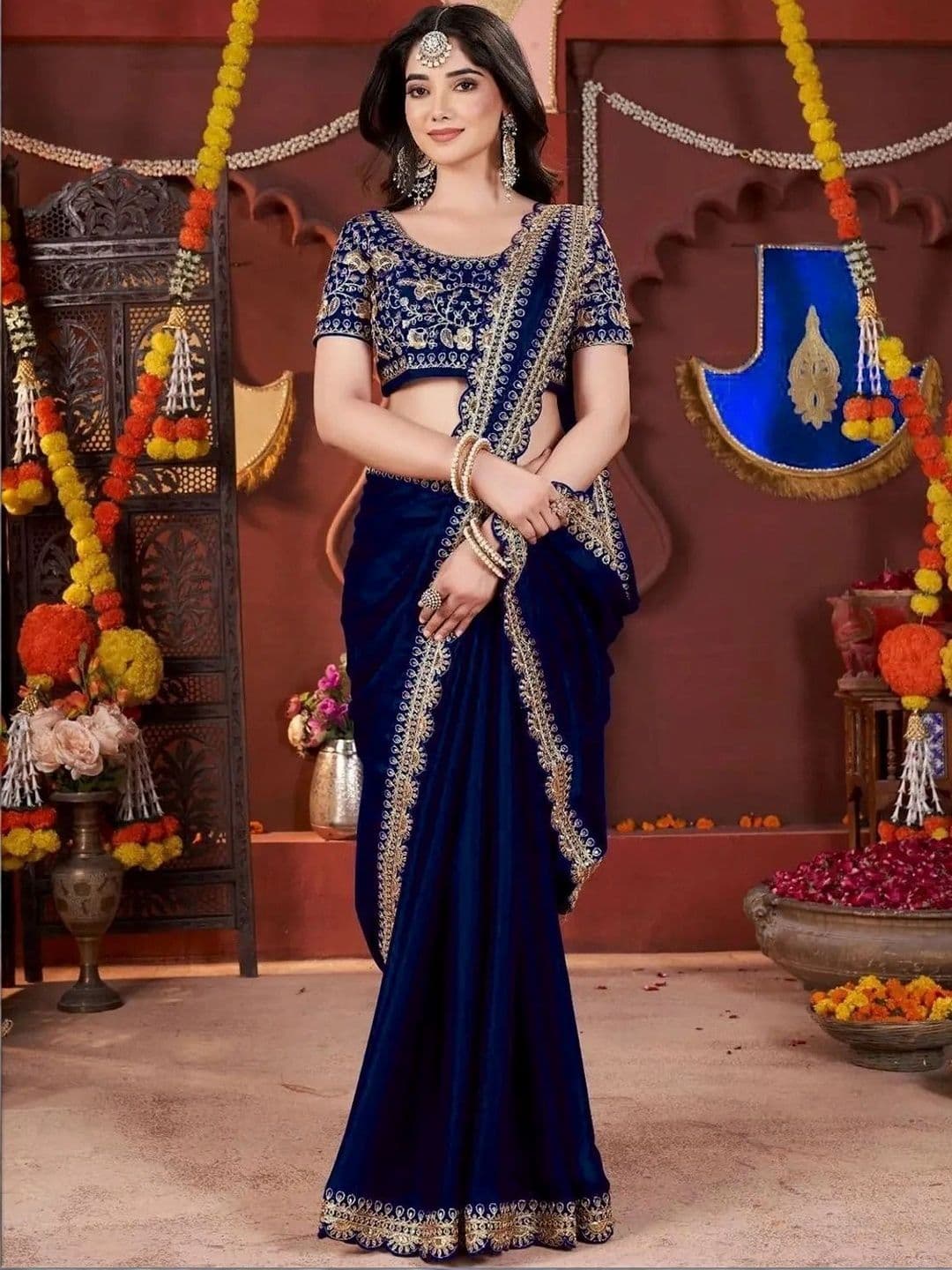 KALINI Floral Embroidered Silk Blend Heavy Work Saree - view 1
