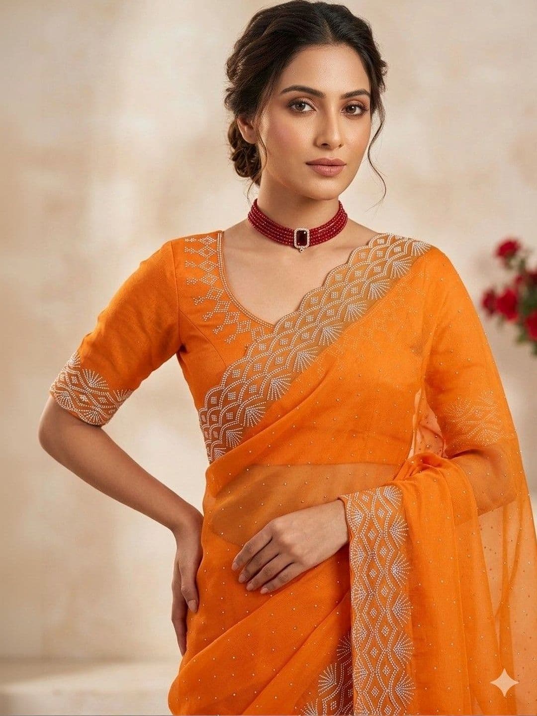 SmileyFashion Embellished Embroidered Pure Georgette Designer Saree thumbnail 5