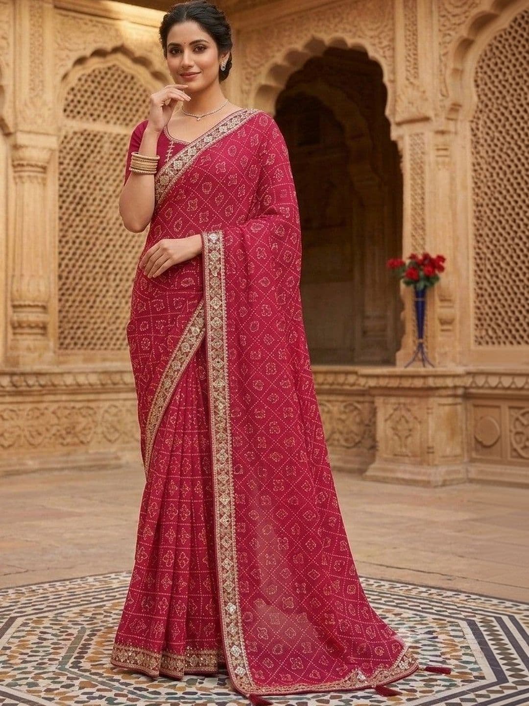 SmileyFashion Bandhani Embroidered Art Silk Designer Bandhani Saree - view 1