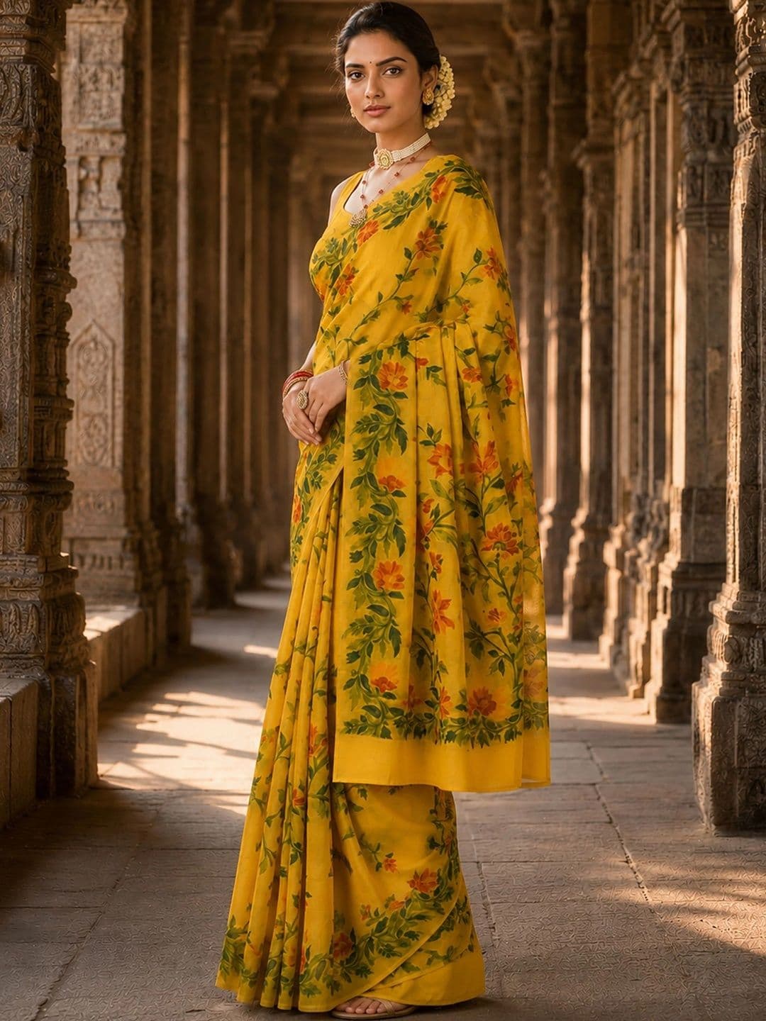Mitera Floral Linen Blend Designer Block Print Saree thumbnail 4