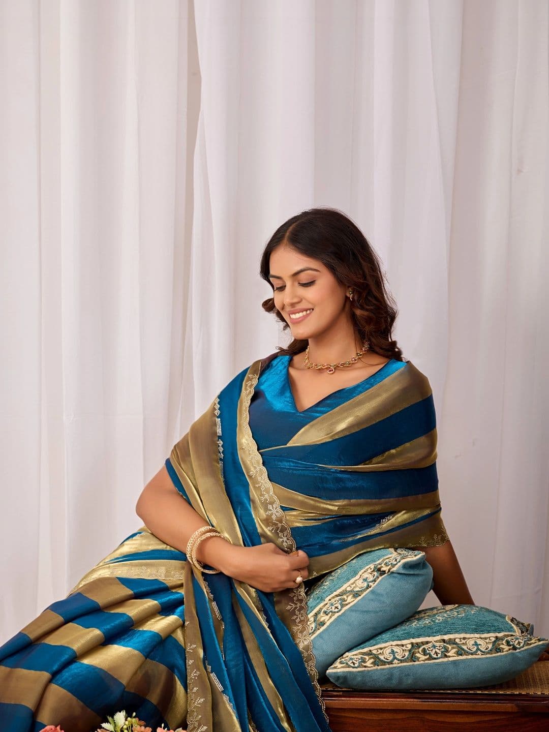 K 5 Fashion Striped Zari Satin Fusion Ikat Saree thumbnail 2
