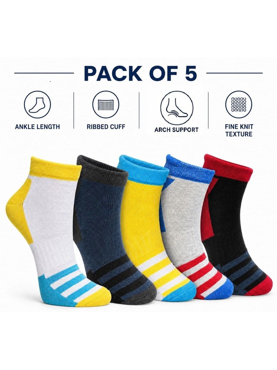 HRX by Hrithik Roshan Unisex Pack of 5 Cotton Blend Assorted Striped Ankle Length Socks - view 1