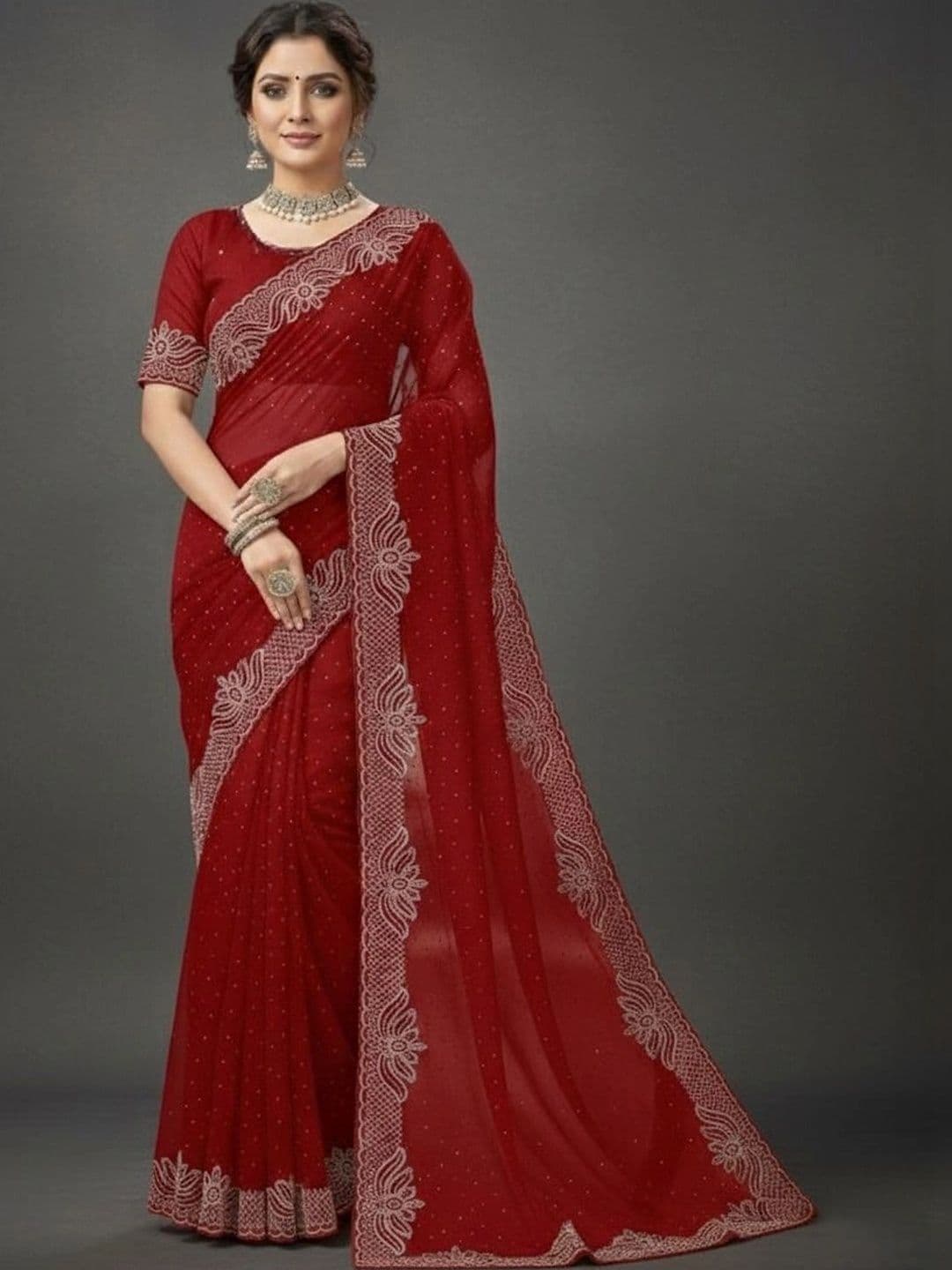 RENBRIZA Floral Embroidered Poly Georgette Saree - view 1