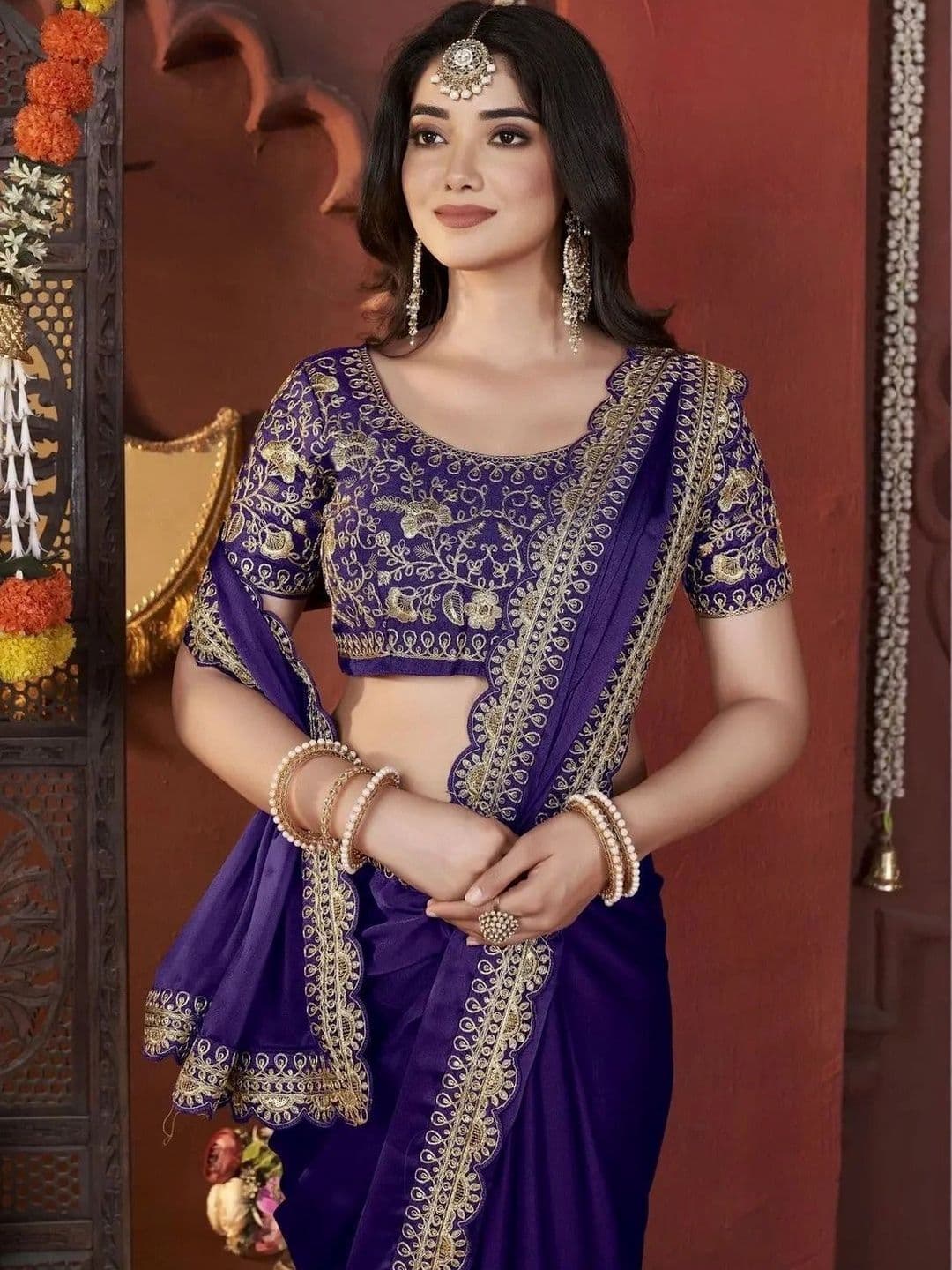 KALINI Floral Embroidered Silk Blend Heavy Work Saree thumbnail 4