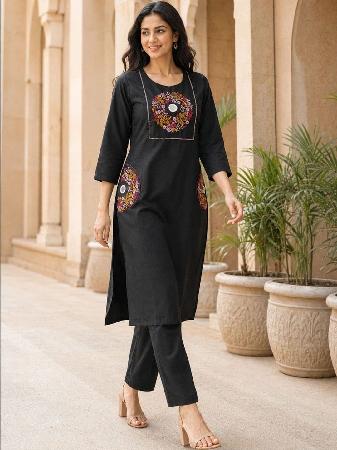 Sun Fashion And Lifestyle Women Ethnic Motifs Embroidered Regular Mirror Work Kurta with Trousers thumbnail 3