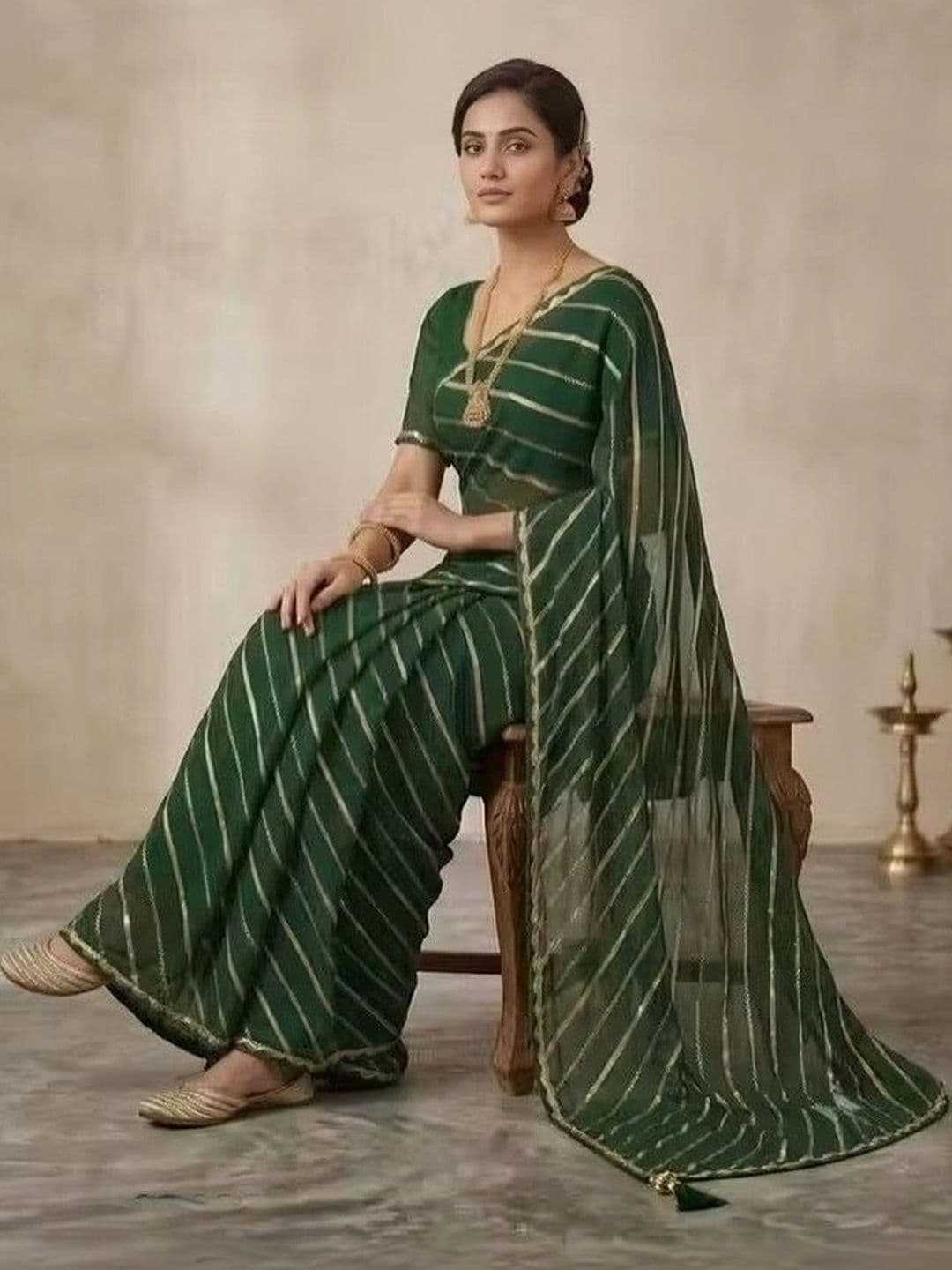 RENBRIZA Striped Zari Poly Georgette Leheriya Saree thumbnail 3
