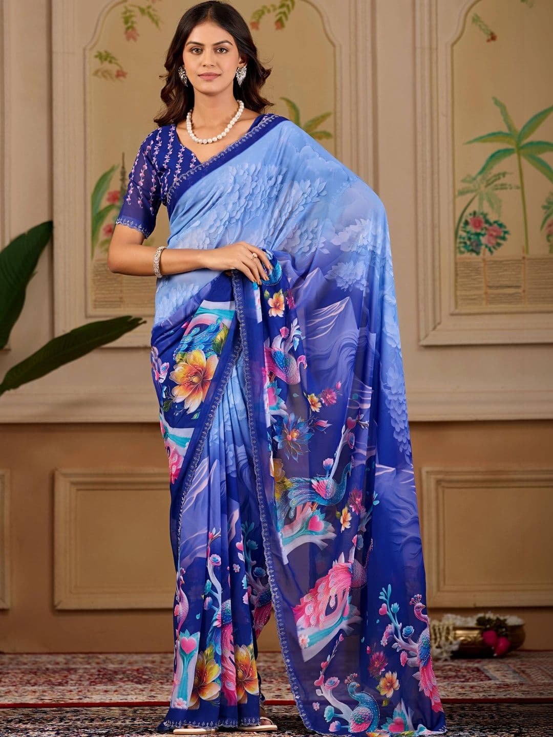 K 5 Fashion Floral Embroidered Pure Georgette Fusion Ikat Saree - view 1