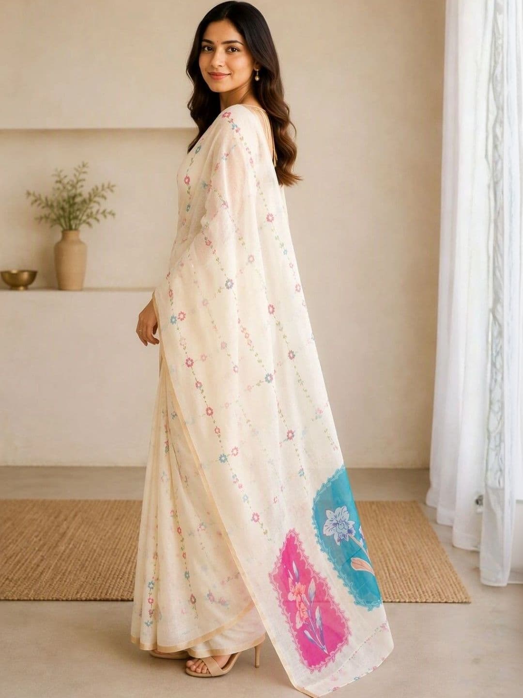 Saatika Cotton Linen Floral Printed Saree with Unstitched Blouse thumbnail 5