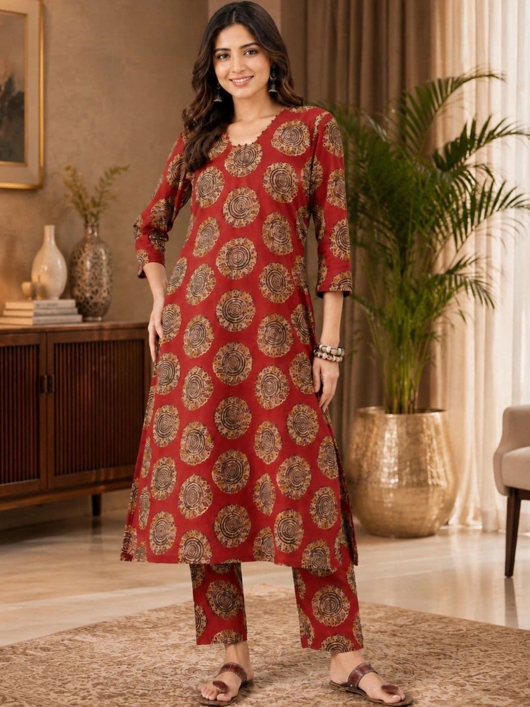 Sangria Women Ethnic Motifs Printed Regular Pure Cotton Kurta with Trousers thumbnail 2