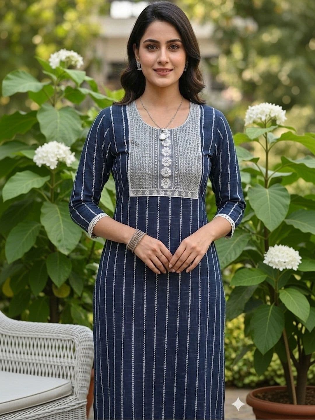 Khasmuda Attire Women Striped Regular Thread Work Pure Cotton Kurta with Trousers thumbnail 3