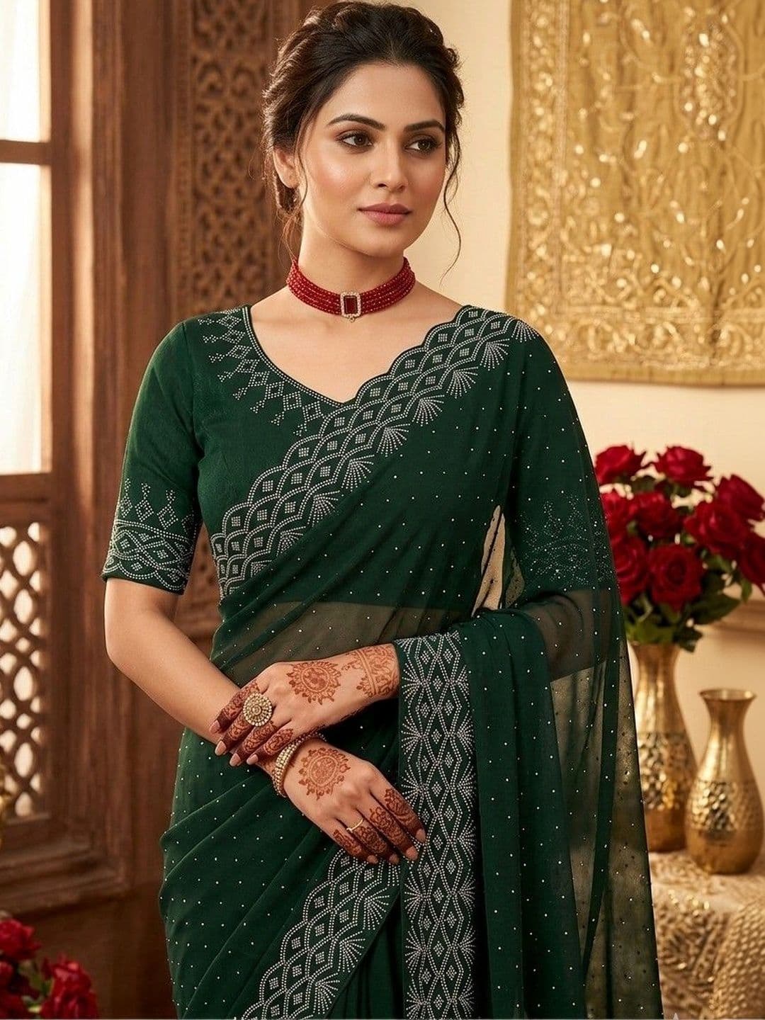 SmileyFashion Embellished Embroidered Pure Georgette Designer Saree thumbnail 5