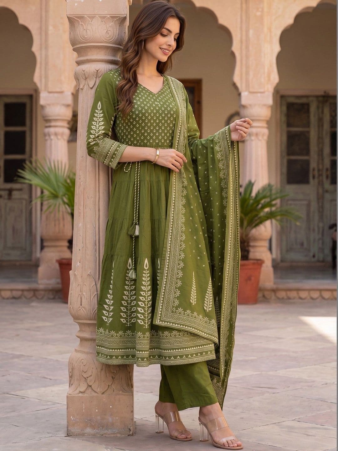 Sangria Women Ethnic Motifs Embroidered Tiered Thread Work Pure Cotton Kurta with Trousers & With Dupatta thumbnail 6