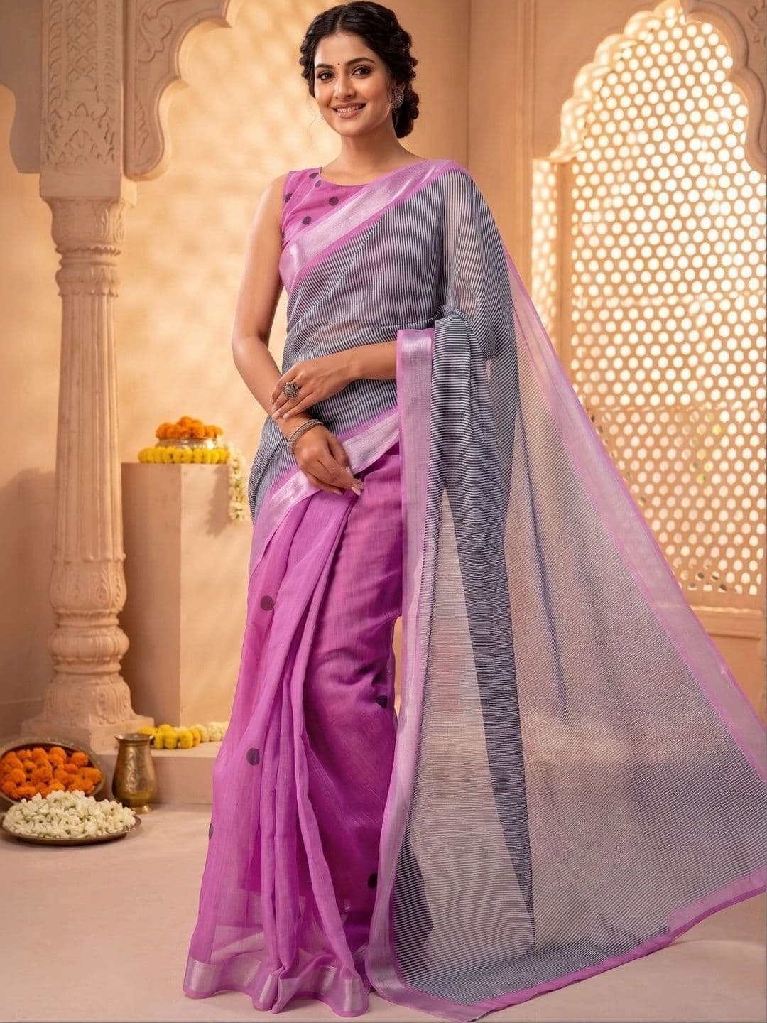 BORAD FASHION Striped Designer Chanderi Saree - view 1