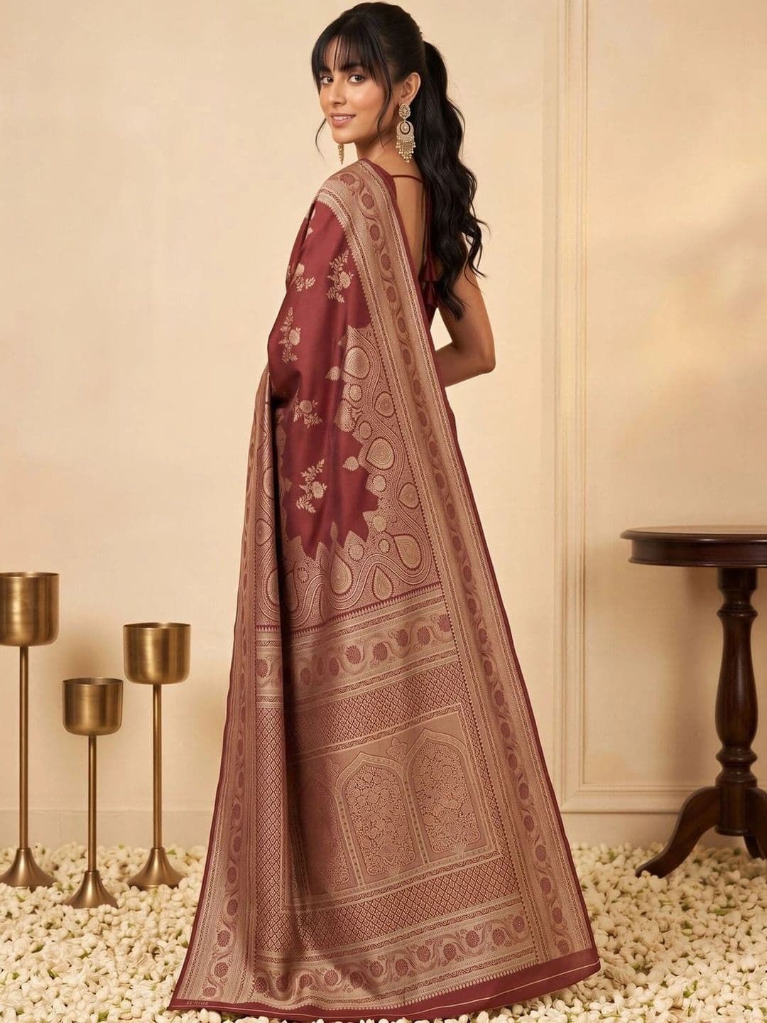 all about you Woven Design Zari Silk Blend Designer Banarasi Saree thumbnail 5